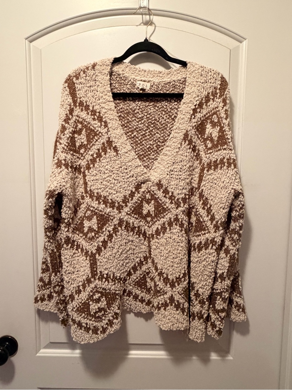 POL oversized Cozy Cream & Brown Patterned V-Neck Sweater